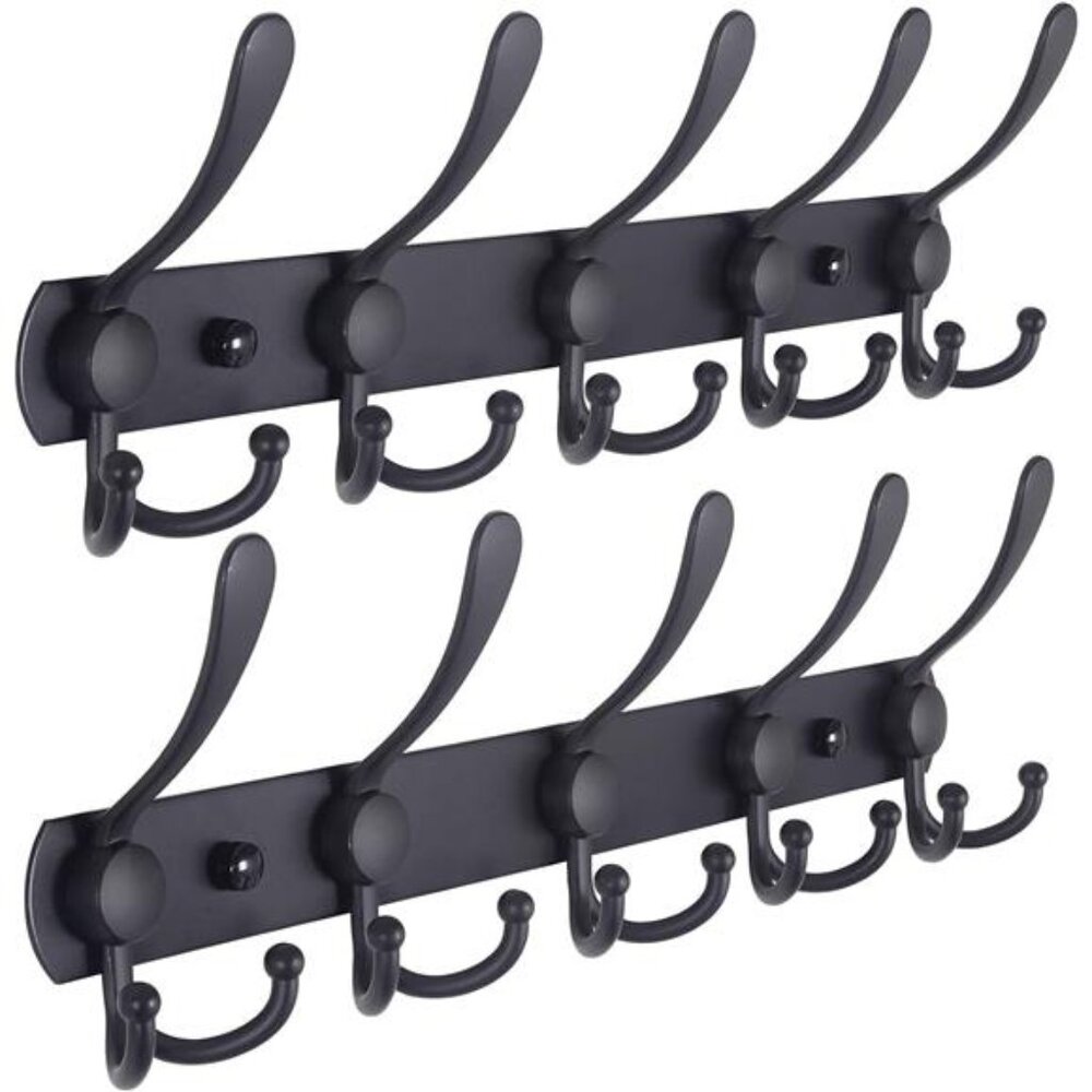 Wall Mounted Coat Rack, Stainless Steel Metal 5 Tri Hooks Black, 2 Packs